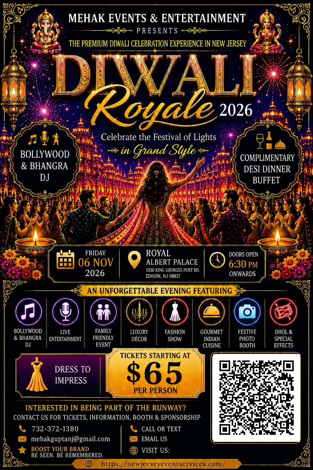 2026 Diwali Event New Jersey Bollywood celebration flyer with live entertainment, fashion show, food, vendors and ticket information